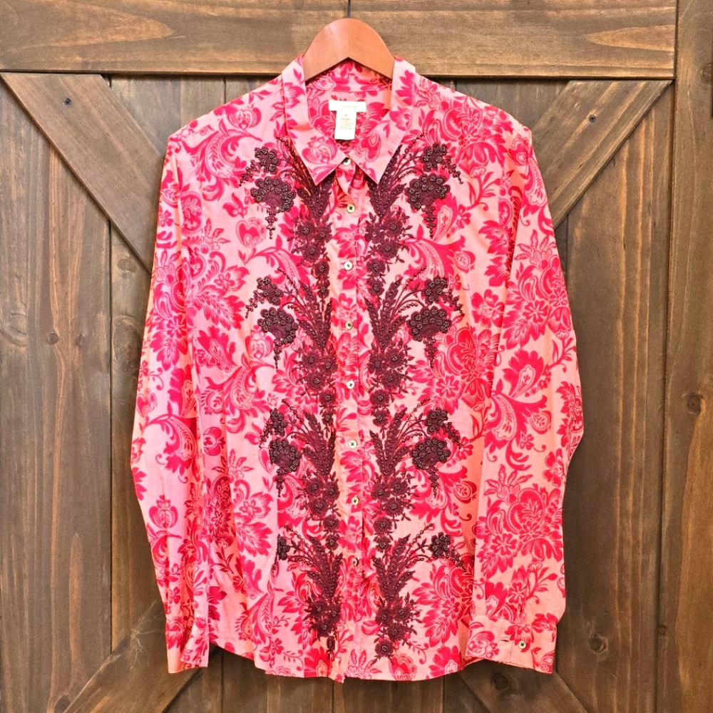 XL Sundance Catalog Red/Pink Beaded Floral Blouse